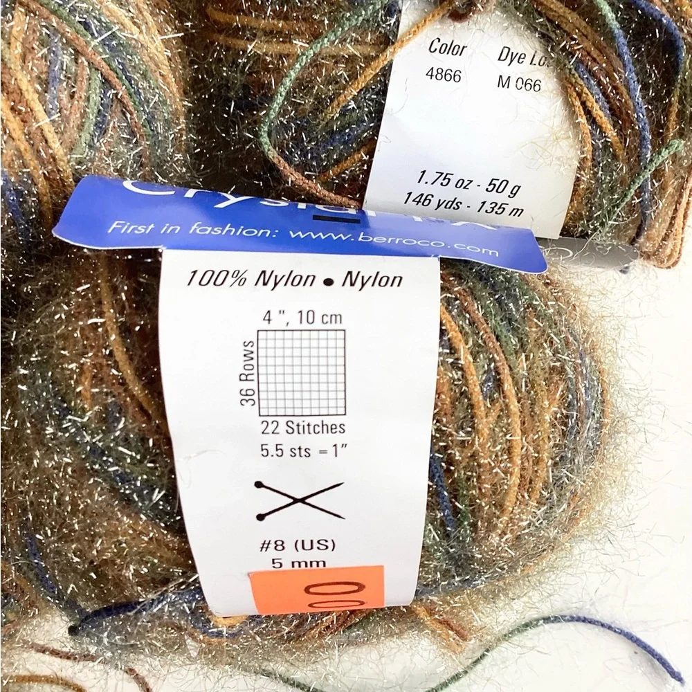 Berroco Crystal FX Multicolor Nylon Yarn Blue Brown Tan Silver Eyelash Accents R